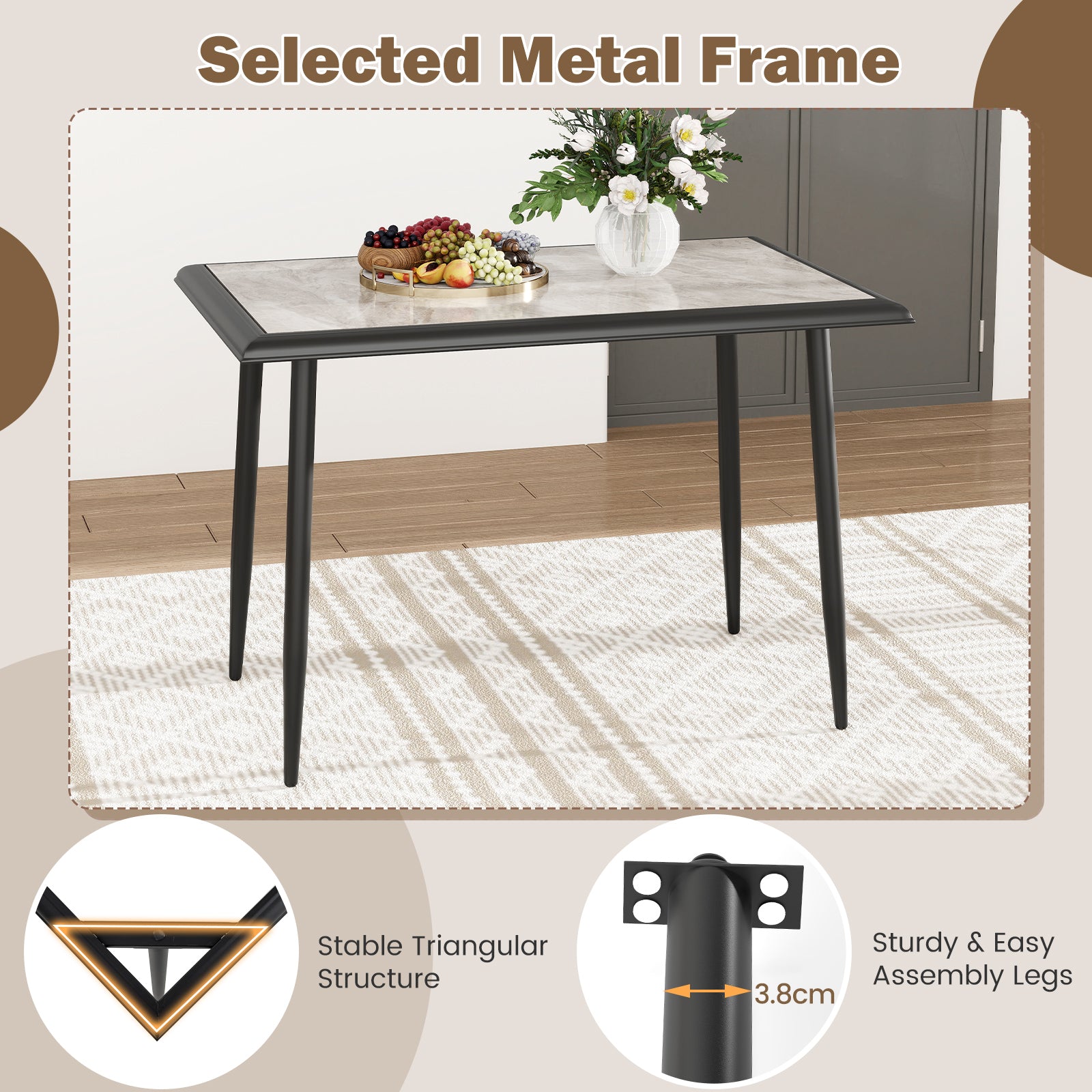 Sintered Stone Dining Table Rectangular Kitchen Table with Metal Frame-Grey
