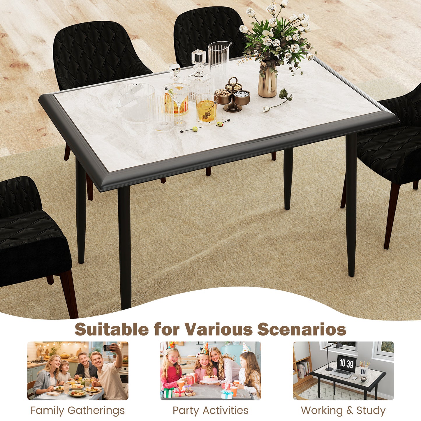 Sintered Stone Dining Table Rectangular Kitchen Table with Metal Frame-Grey