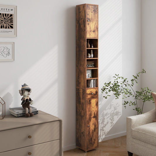 Slim Bathroom Tall Cabinet with 2 Doors 1 Drawer and 5 Shelves-Rustic Brown