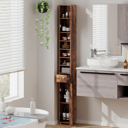 Slim Bathroom Tall Cabinet with 2 Doors 1 Drawer and 5 Shelves-Rustic Brown