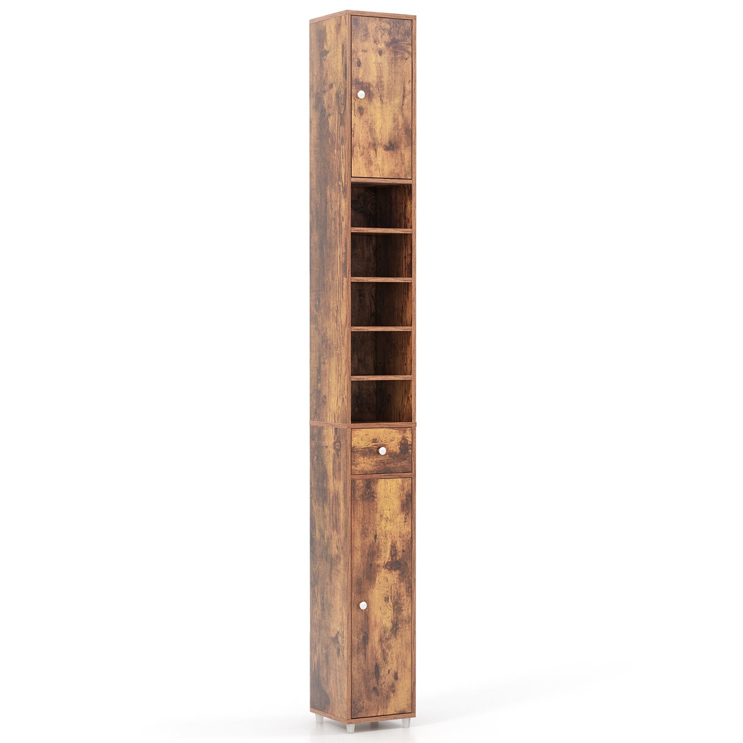 Slim Bathroom Tall Cabinet with 2 Doors 1 Drawer and 5 Shelves-Rustic Brown
