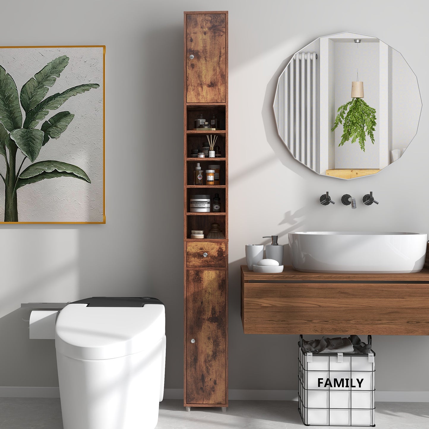 Slim Bathroom Tall Cabinet with 2 Doors 1 Drawer and 5 Shelves-Rustic Brown