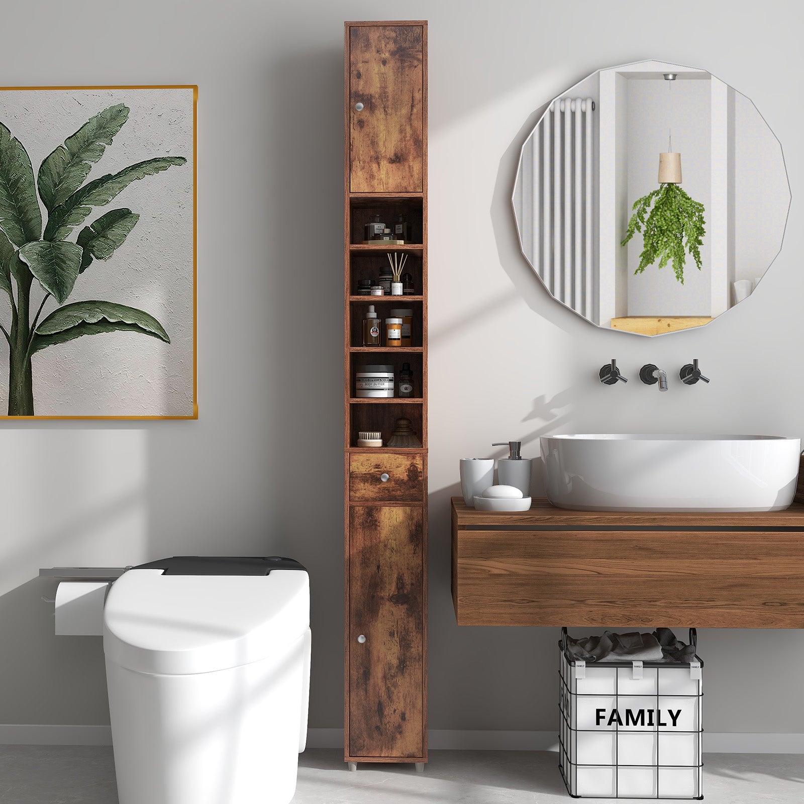 Slim Bathroom Tall Cabinet with 2 Doors 1 Drawer and 5 Shelves-Rustic Brown