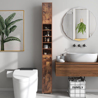 Slim Bathroom Tall Cabinet with 2 Doors 1 Drawer and 5 Shelves-Rustic Brown