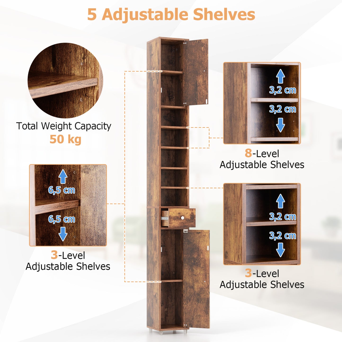 Slim Bathroom Tall Cabinet with 2 Doors 1 Drawer and 5 Shelves-Rustic Brown