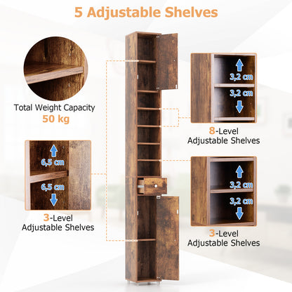 Slim Bathroom Tall Cabinet with 2 Doors 1 Drawer and 5 Shelves-Rustic Brown