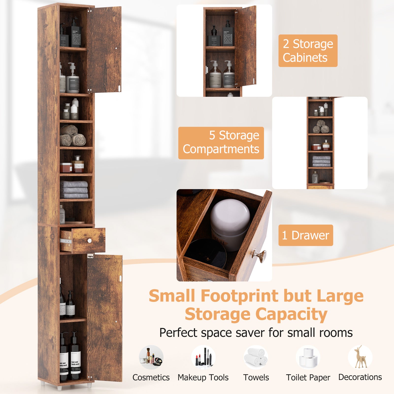 Slim Bathroom Tall Cabinet with 2 Doors 1 Drawer and 5 Shelves-Rustic Brown