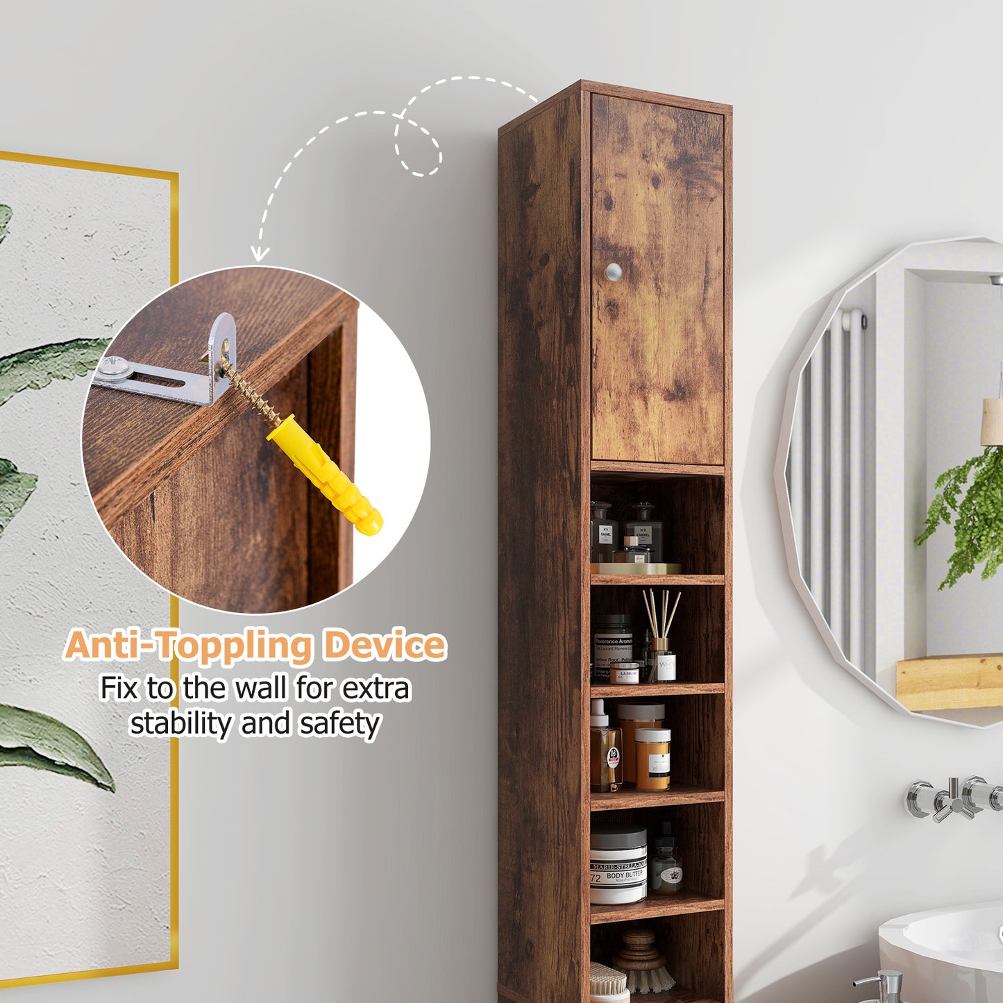Slim Bathroom Tall Cabinet with 2 Doors 1 Drawer and 5 Shelves-Rustic Brown