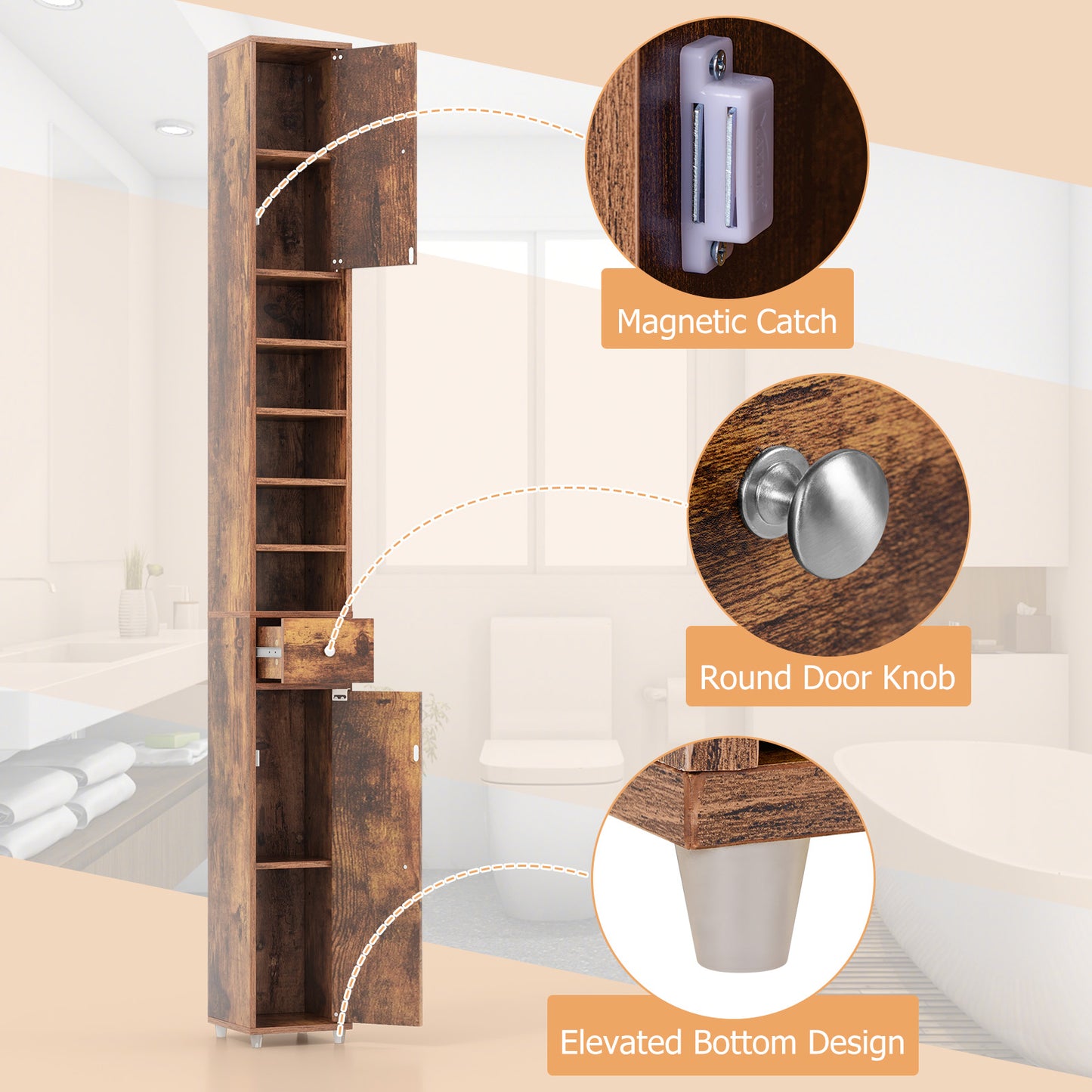 Slim Bathroom Tall Cabinet with 2 Doors 1 Drawer and 5 Shelves-Rustic Brown