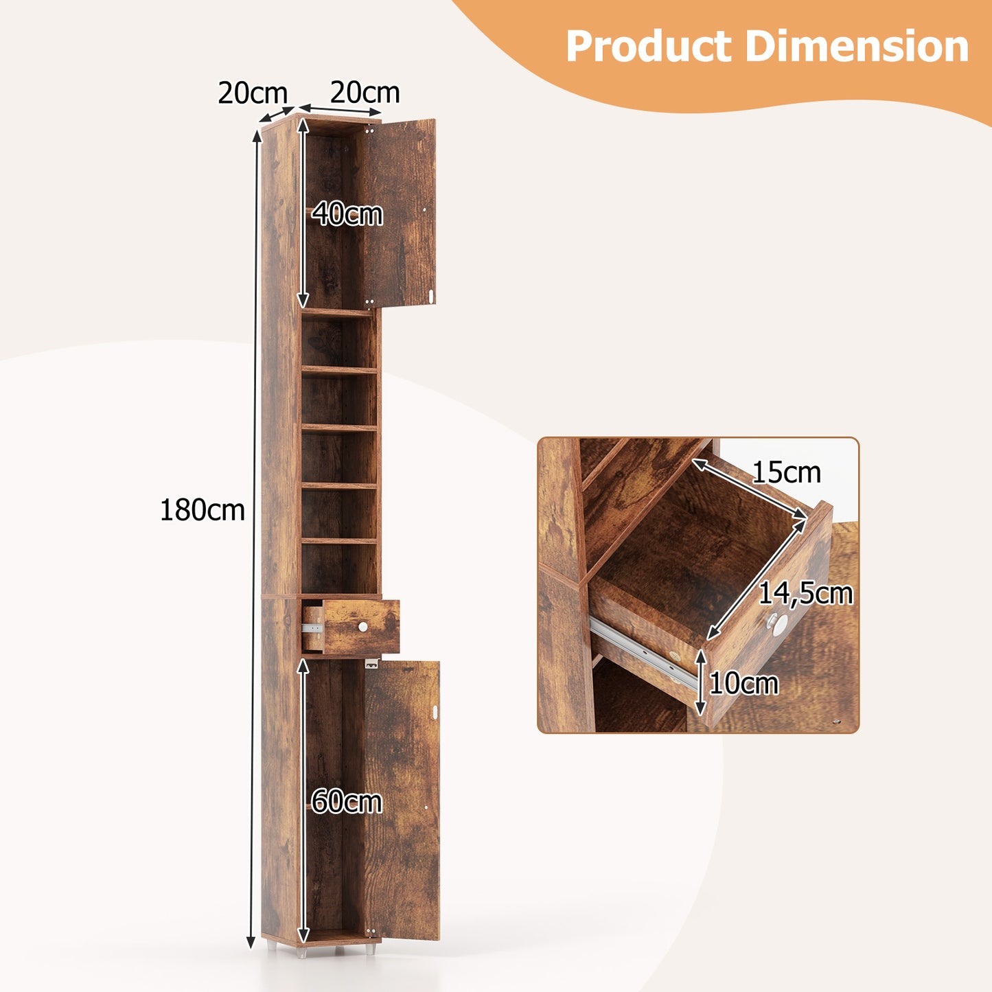 Slim Bathroom Tall Cabinet with 2 Doors 1 Drawer and 5 Shelves-Rustic Brown