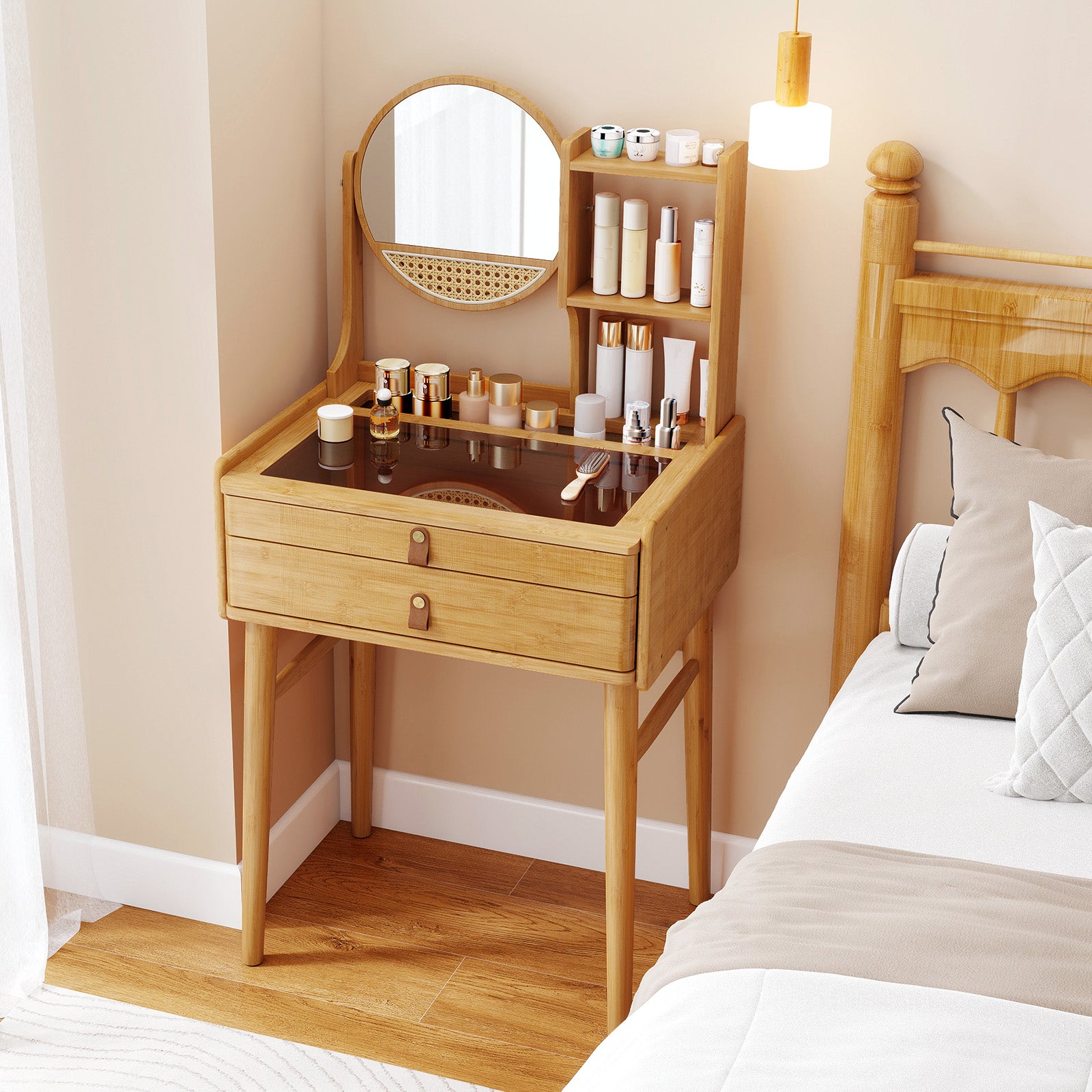 Small Vanity Desk with Mirror Compact Makeup Table Bamboo Dressing Table-Natural