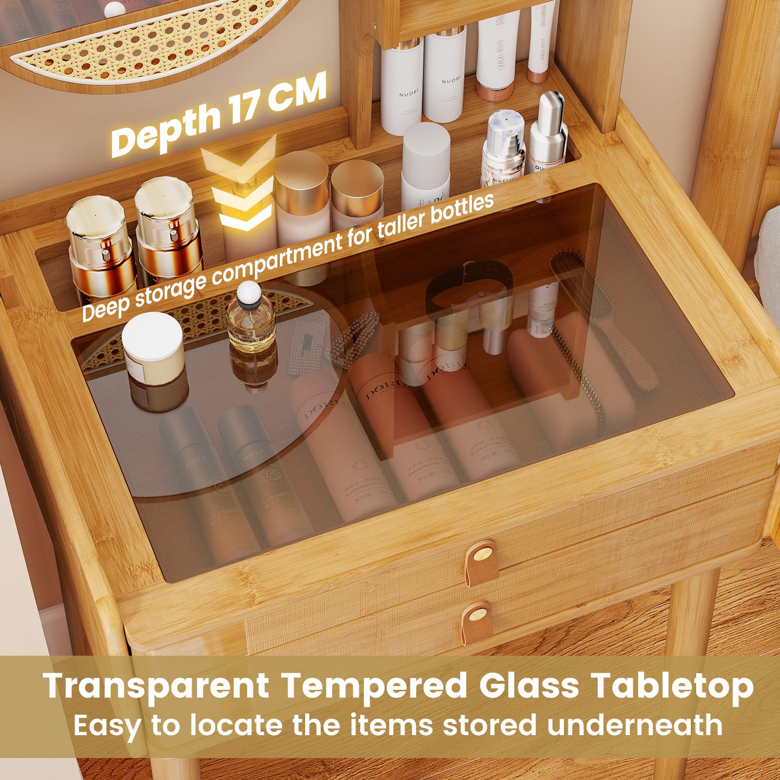 Small Vanity Desk with Mirror Compact Makeup Table Bamboo Dressing Table-Natural