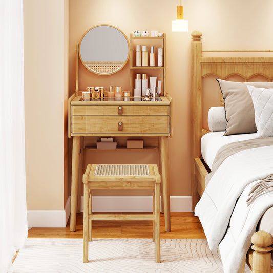 Small Vanity Desk with Mirror Compact Makeup Table Bamboo Dressing Table-Natural