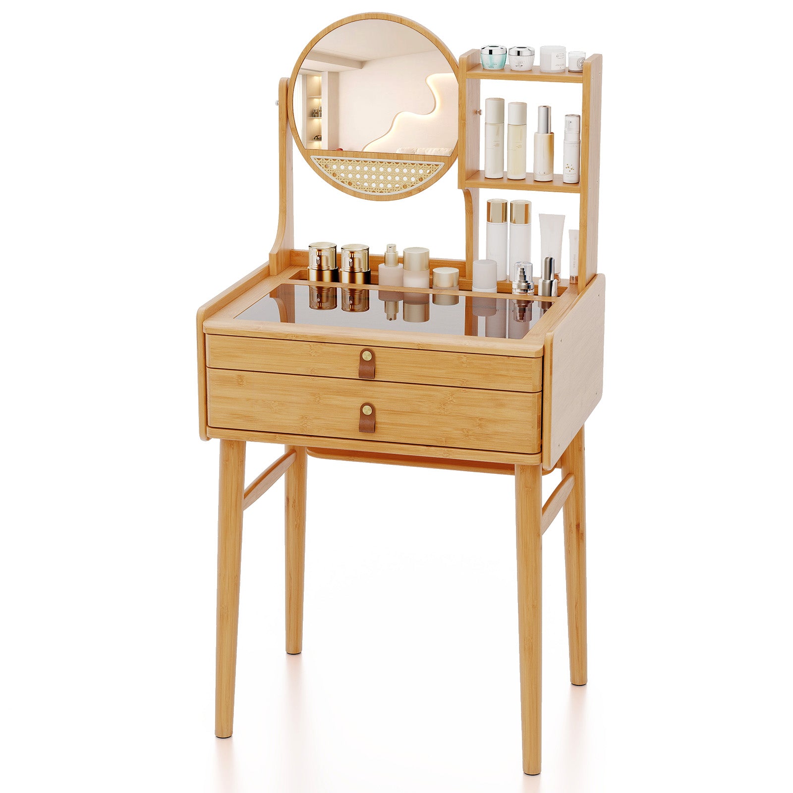 Small Vanity Desk with Mirror Compact Makeup Table Bamboo Dressing Table-Natural