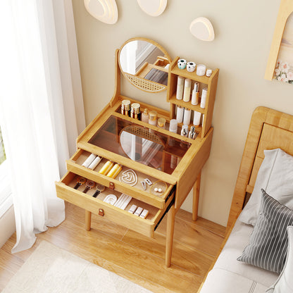 Small Vanity Desk with Mirror Compact Makeup Table Bamboo Dressing Table-Natural