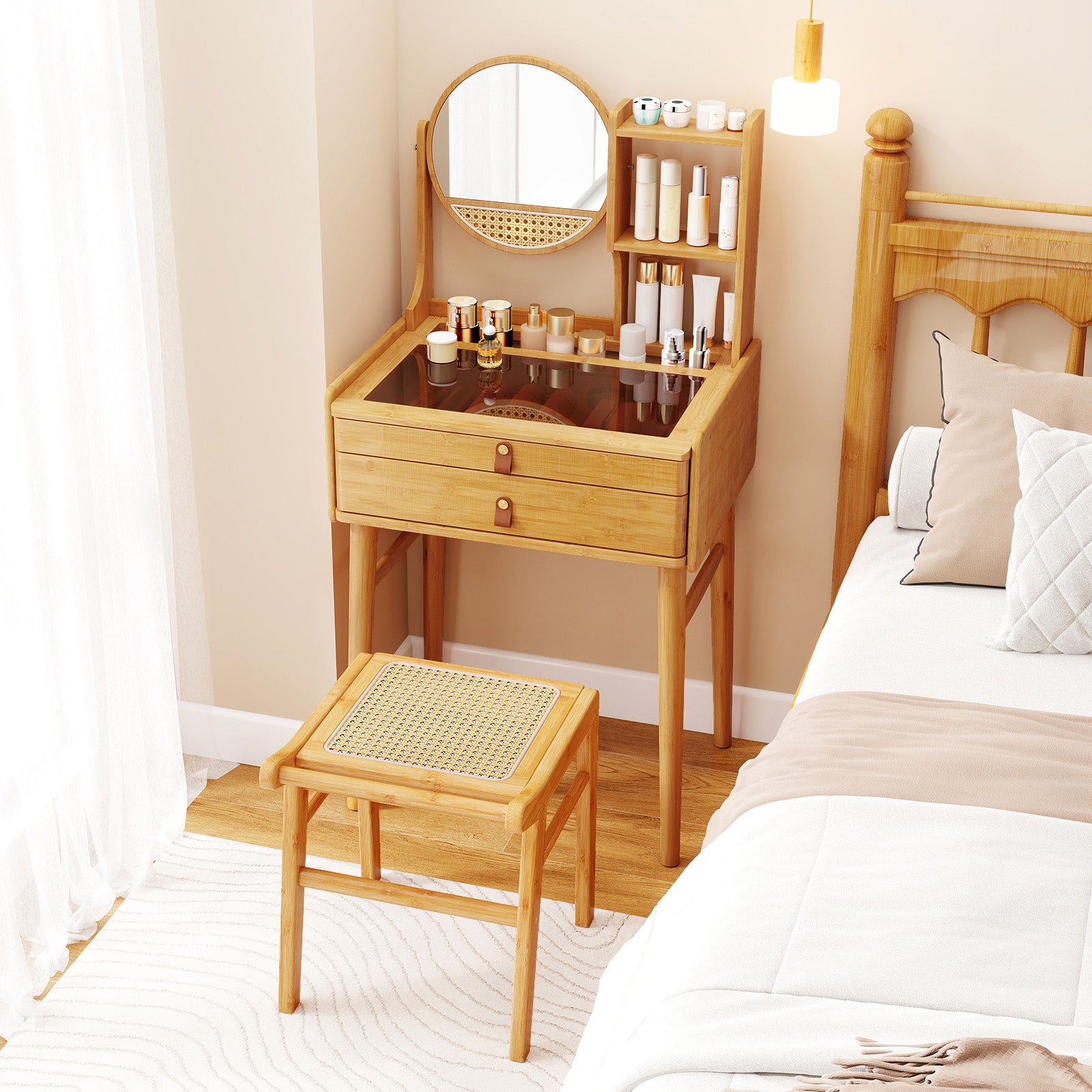 Small Vanity Desk with Mirror Compact Makeup Table Bamboo Dressing Table-Natural