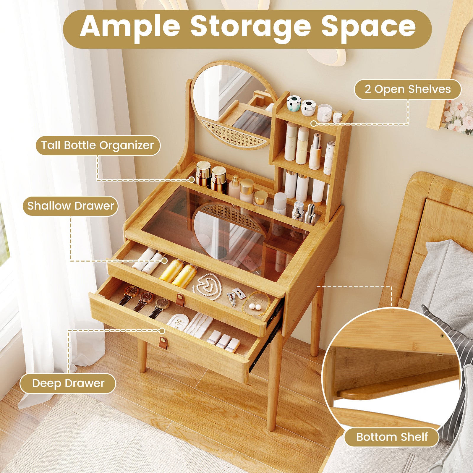 Small Vanity Desk with Mirror Compact Makeup Table Bamboo Dressing Table-Natural