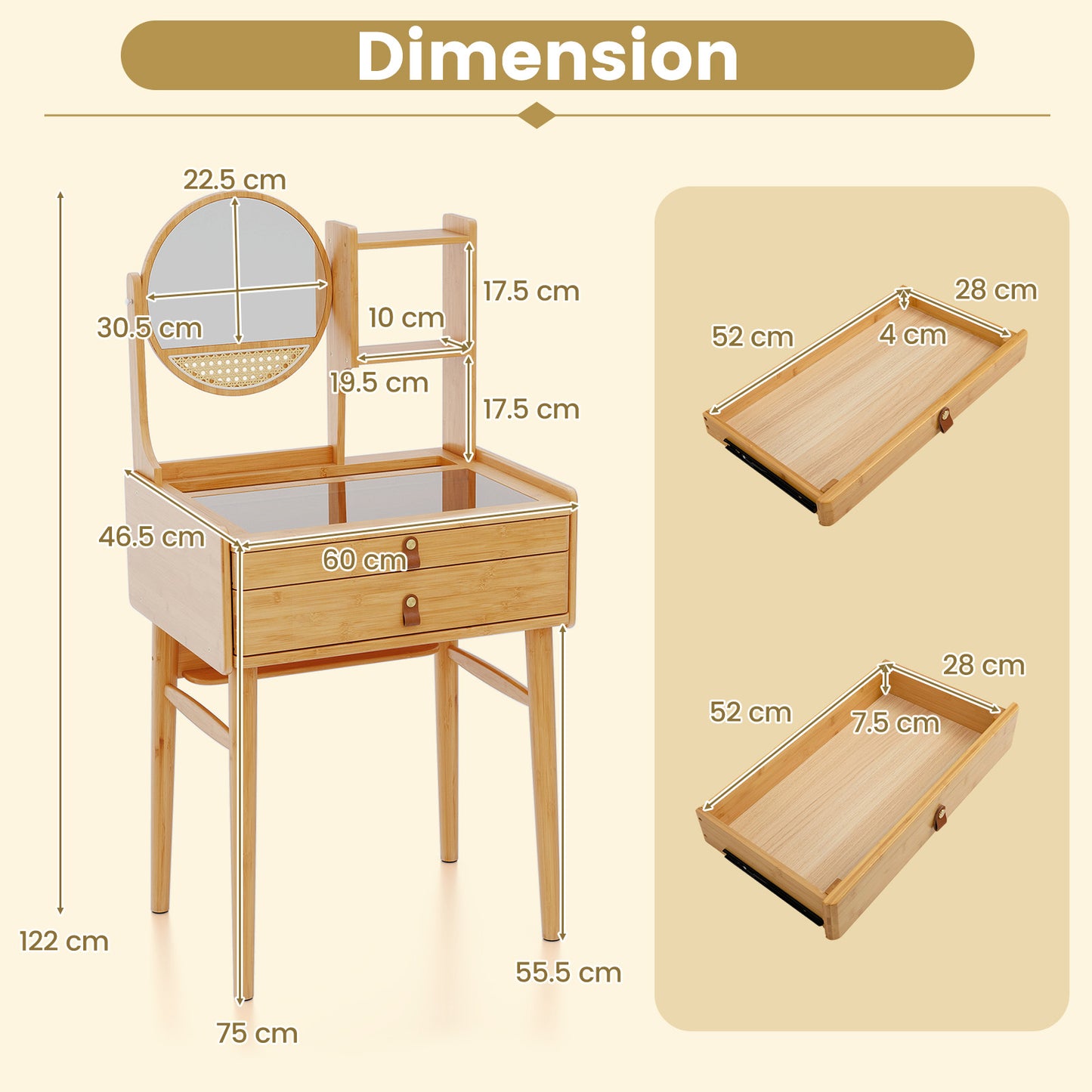 Small Vanity Desk with Mirror Compact Makeup Table Bamboo Dressing Table-Natural