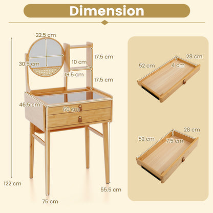 Small Vanity Desk with Mirror Compact Makeup Table Bamboo Dressing Table-Natural