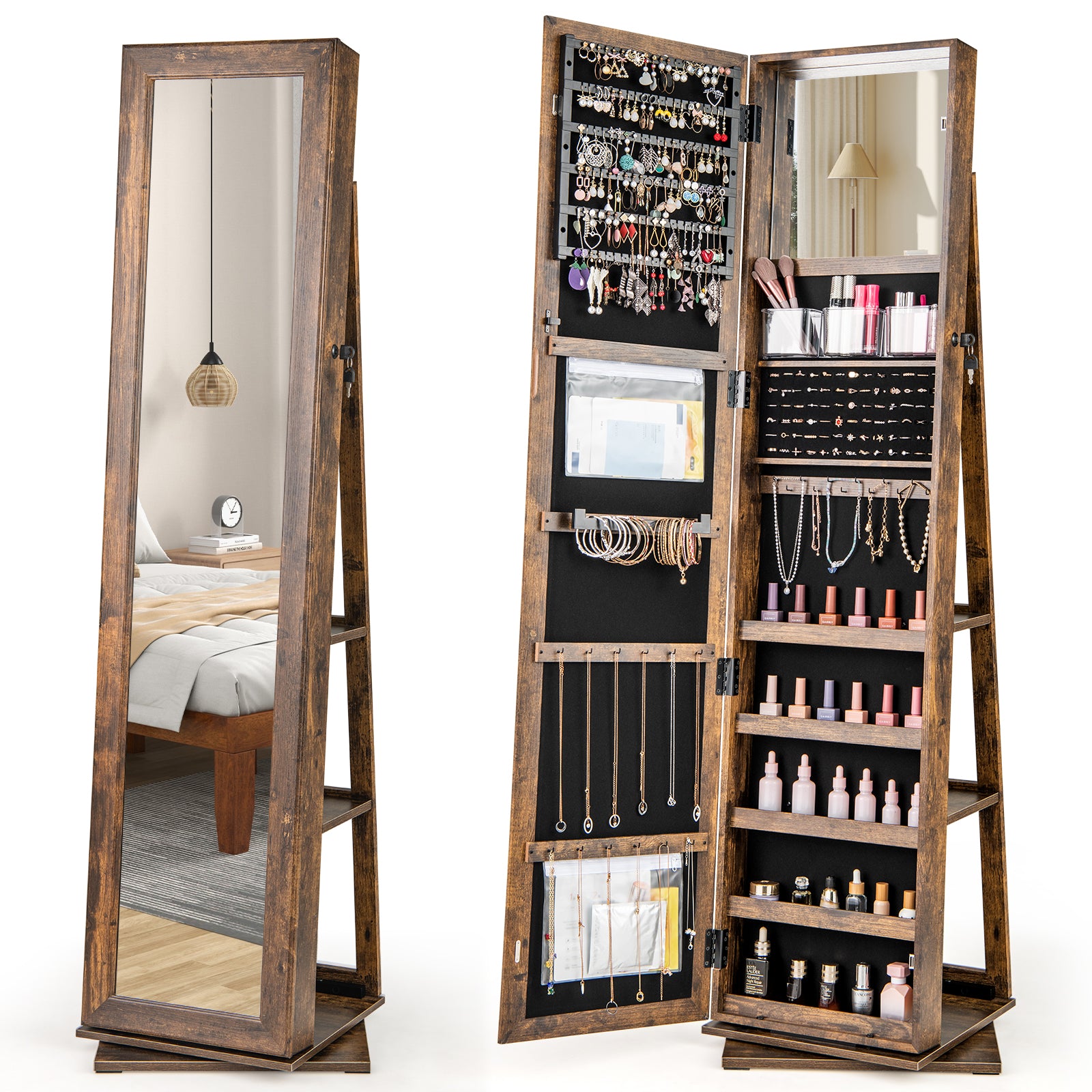 Standing Jewelry Organizer with Full Length Mirror and Back Shelves-Rustic Brown