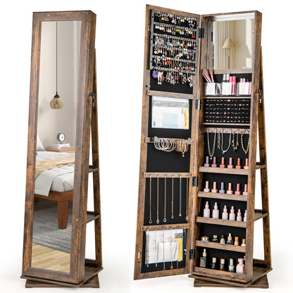 Standing Jewelry Organizer with Full Length Mirror and Back Shelves-Rustic Brown