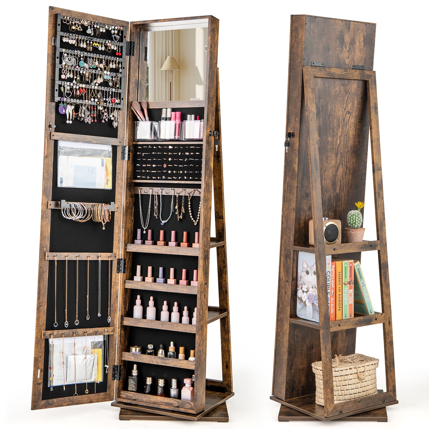 Standing Jewelry Organizer with Full Length Mirror and Back Shelves-Rustic Brown