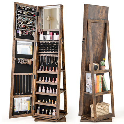 Standing Jewelry Organizer with Full Length Mirror and Back Shelves-Rustic Brown