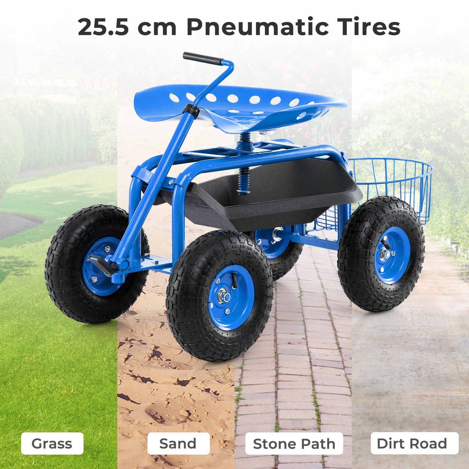 Steerable Garden Cart Rolling Scooter with Extendable Handle and Storage Basket-Blue