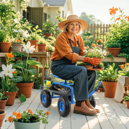 Steerable Garden Cart Rolling Scooter with Extendable Handle and Storage Basket-Blue