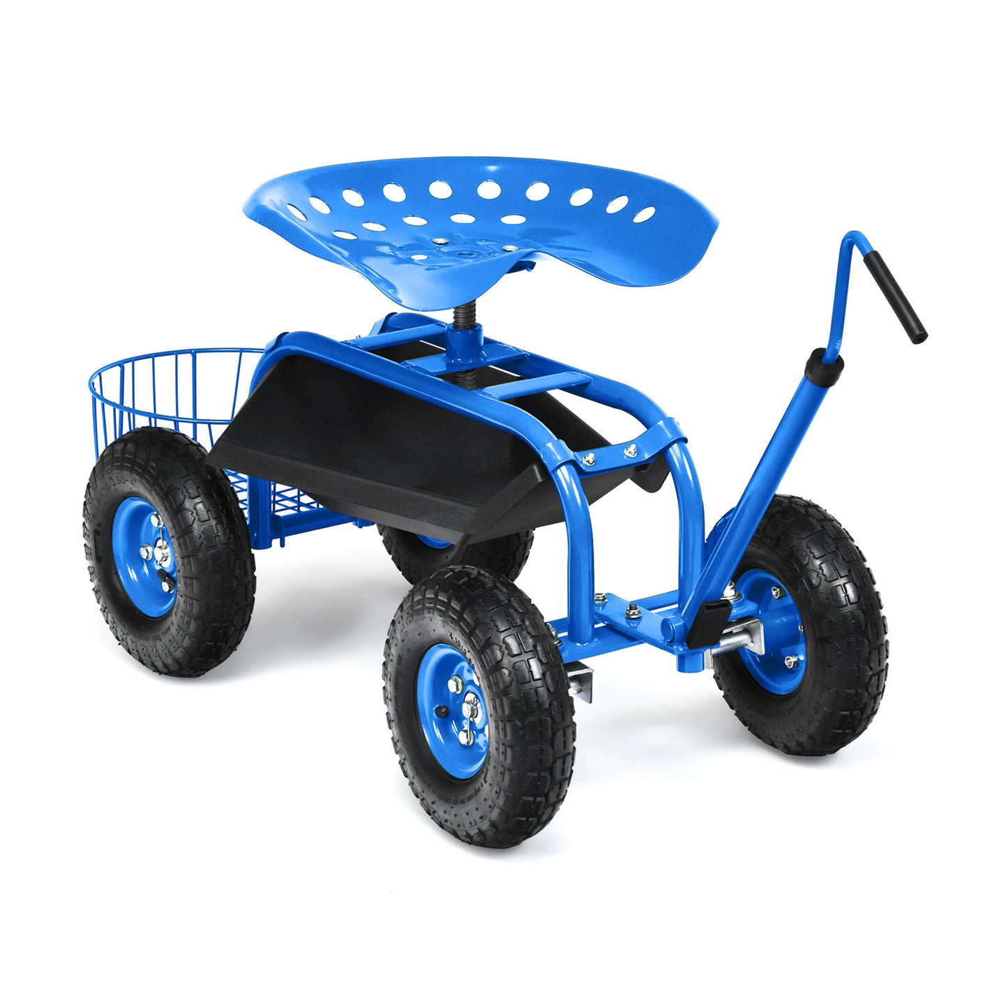 Steerable Garden Cart Rolling Scooter with Extendable Handle and Storage Basket-Blue