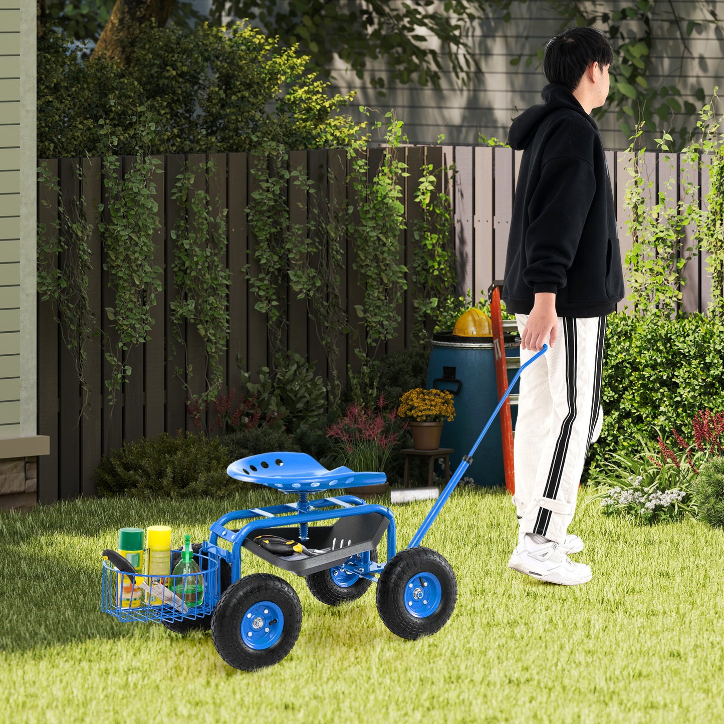 Steerable Garden Cart Rolling Scooter with Extendable Handle and Storage Basket-Blue