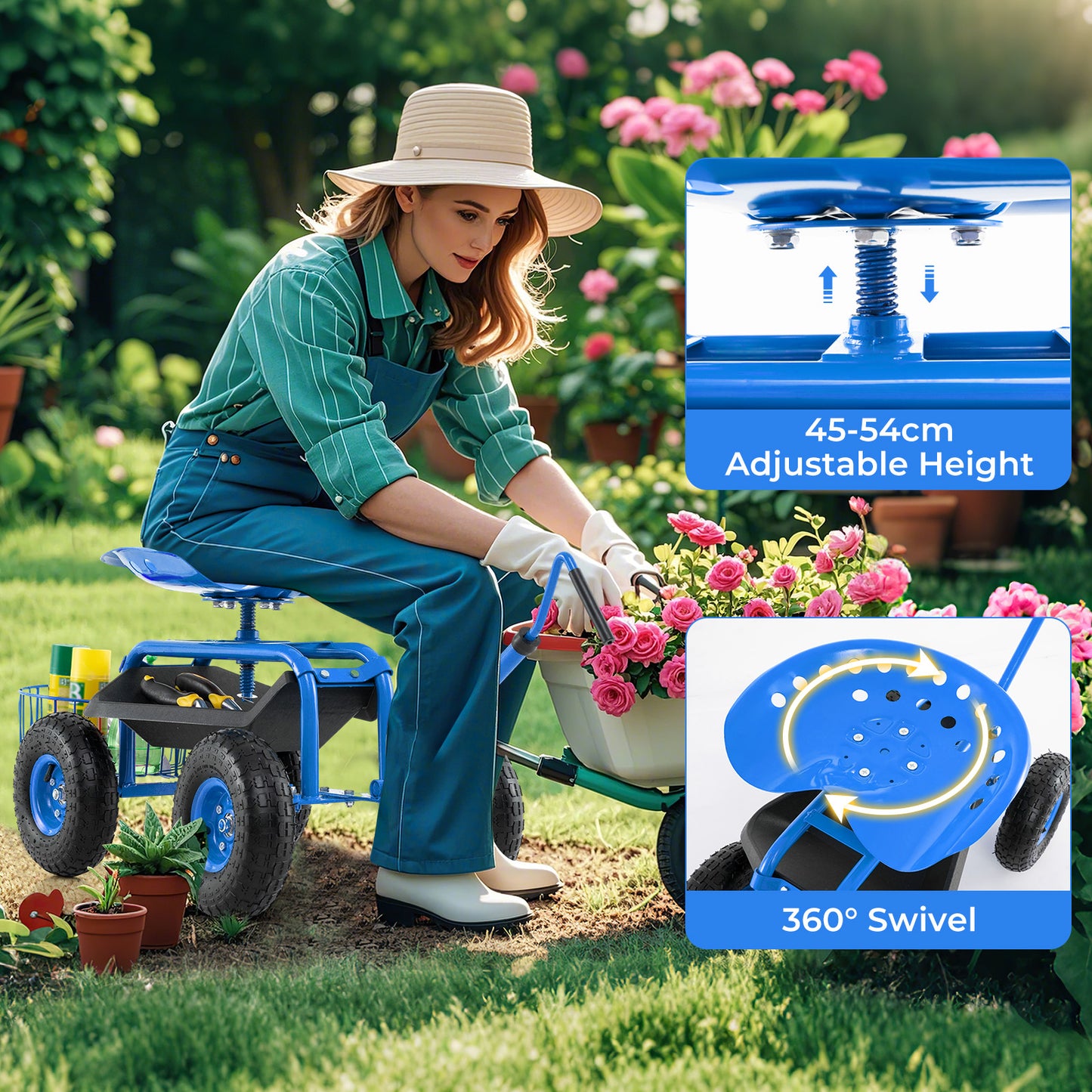 Steerable Garden Cart Rolling Scooter with Extendable Handle and Storage Basket-Blue