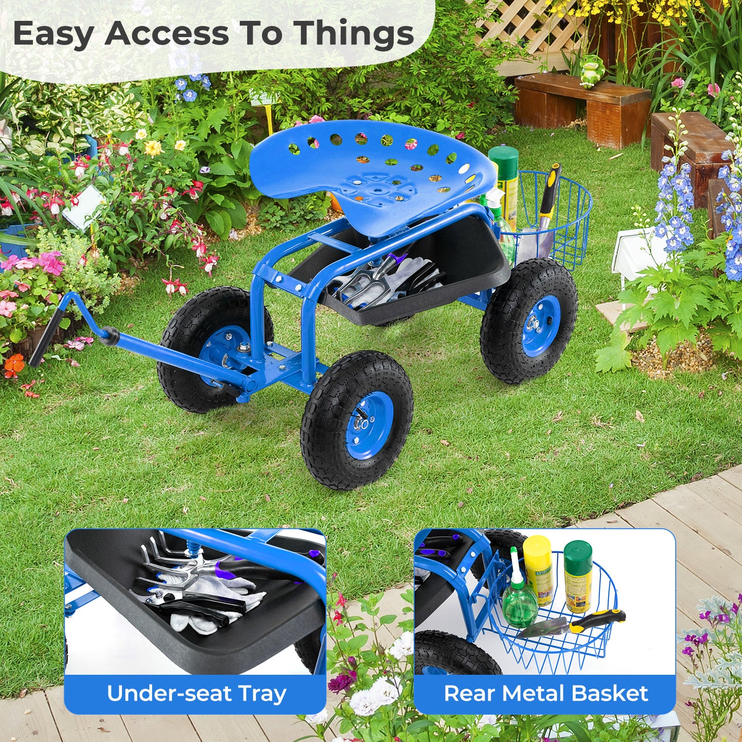 Steerable Garden Cart Rolling Scooter with Extendable Handle and Storage Basket-Blue