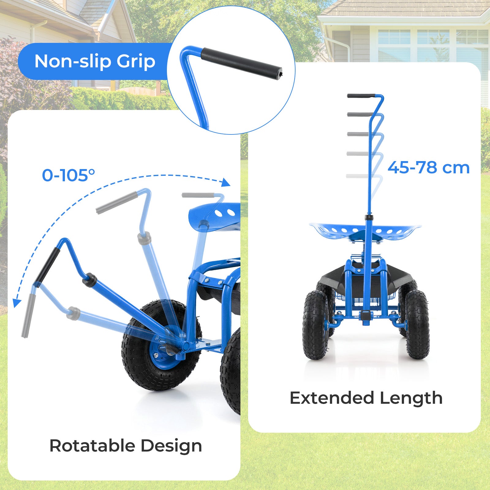 Steerable Garden Cart Rolling Scooter with Extendable Handle and Storage Basket-Blue
