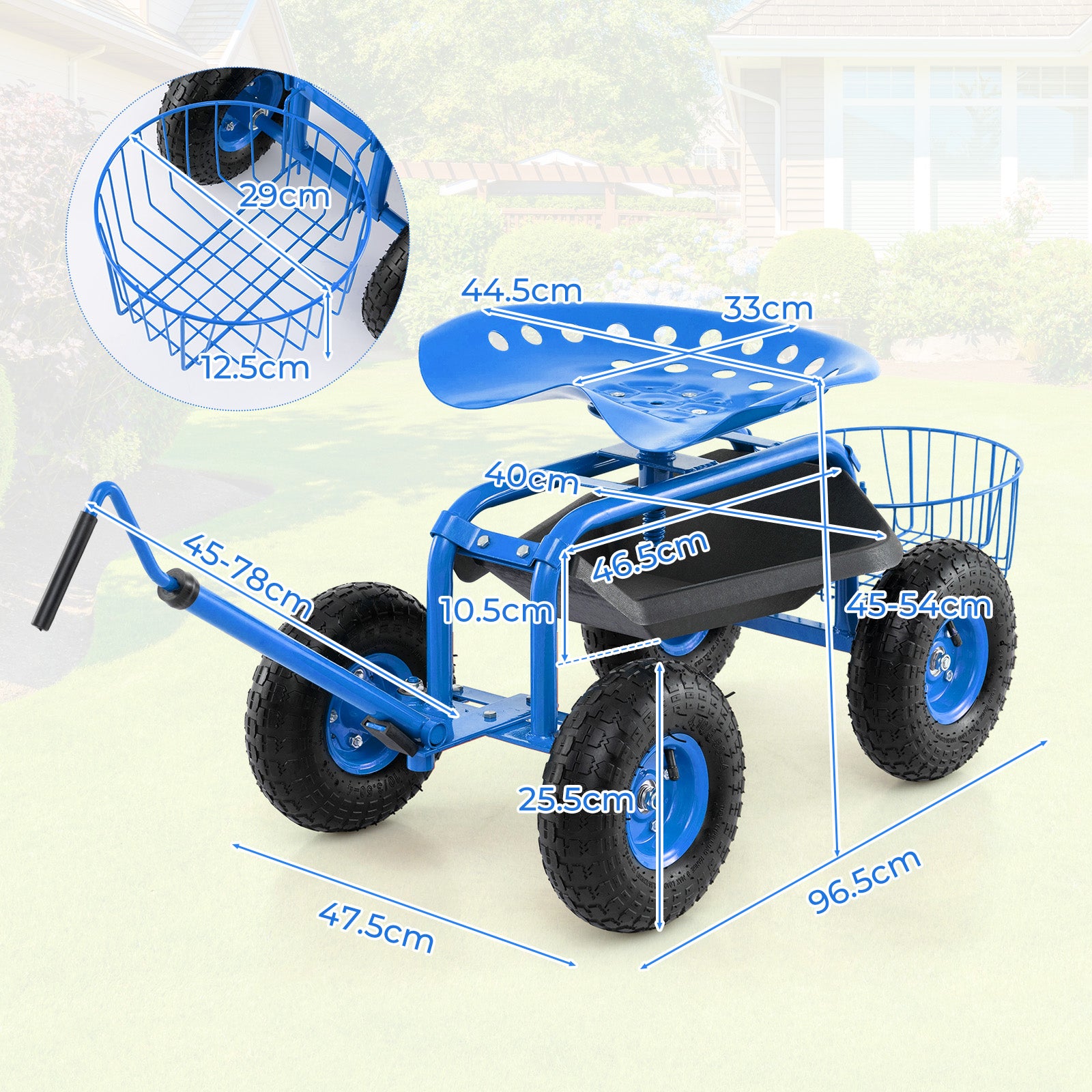Steerable Garden Cart Rolling Scooter with Extendable Handle and Storage Basket-Blue