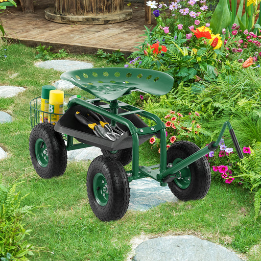 Steerable Garden Cart Rolling Scooter with Extendable Handle and Storage Basket-Green