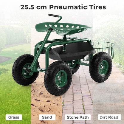 Steerable Garden Cart Rolling Scooter with Extendable Handle and Storage Basket-Green