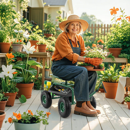 Steerable Garden Cart Rolling Scooter with Extendable Handle and Storage Basket-Green