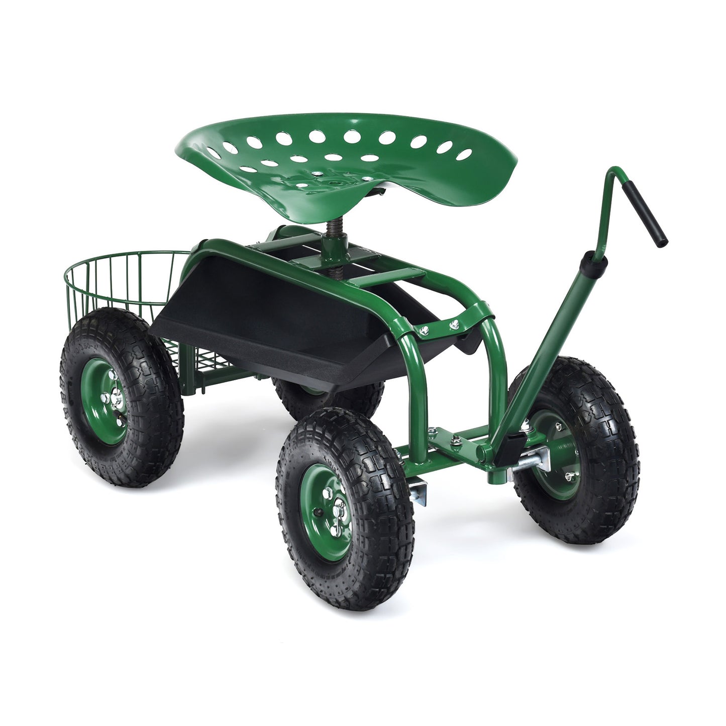 Steerable Garden Cart Rolling Scooter with Extendable Handle and Storage Basket-Green