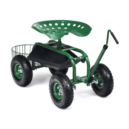 Steerable Garden Cart Rolling Scooter with Extendable Handle and Storage Basket-Green