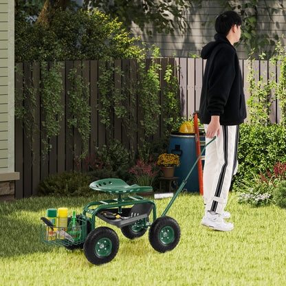 Steerable Garden Cart Rolling Scooter with Extendable Handle and Storage Basket-Green