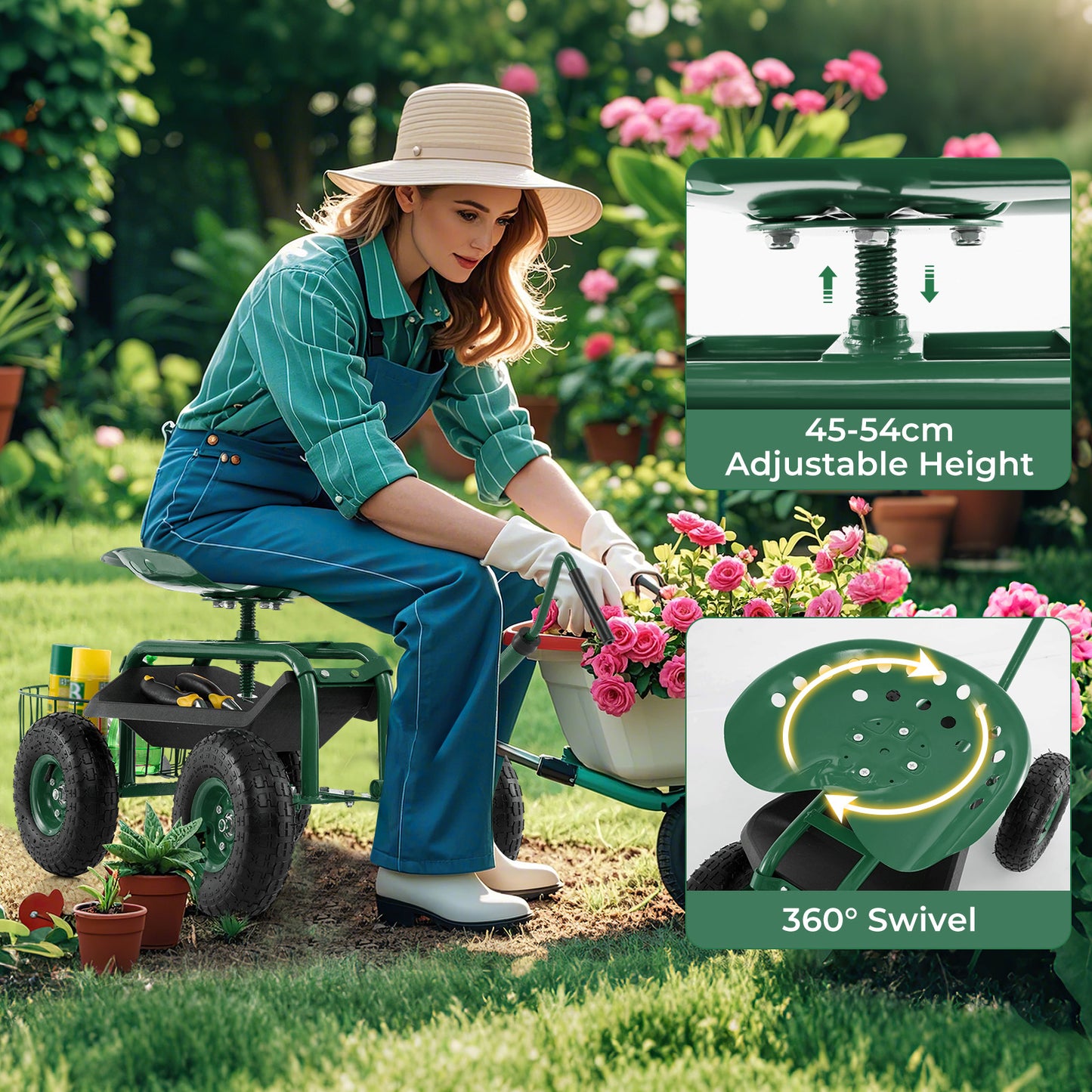 Steerable Garden Cart Rolling Scooter with Extendable Handle and Storage Basket-Green