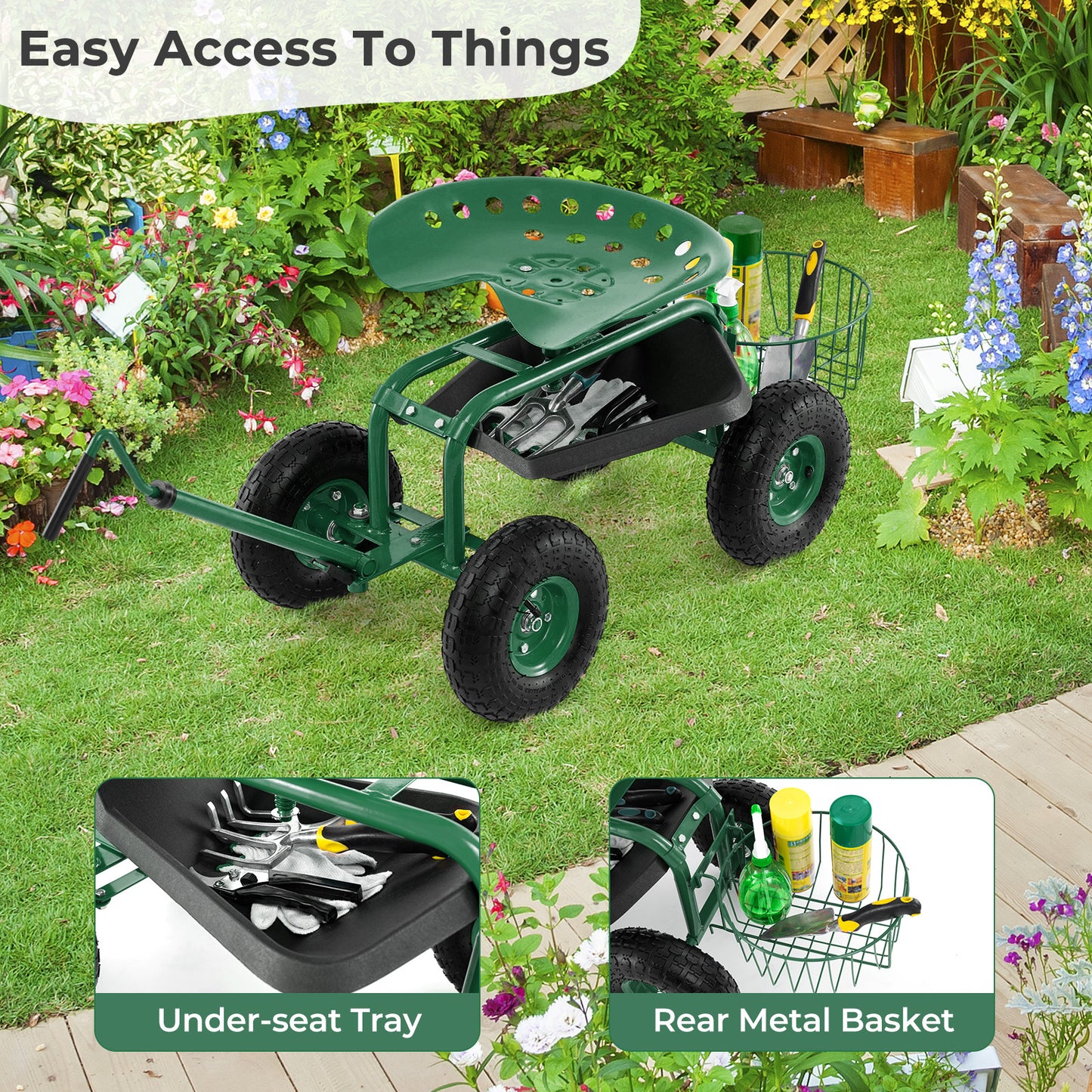 Steerable Garden Cart Rolling Scooter with Extendable Handle and Storage Basket-Green