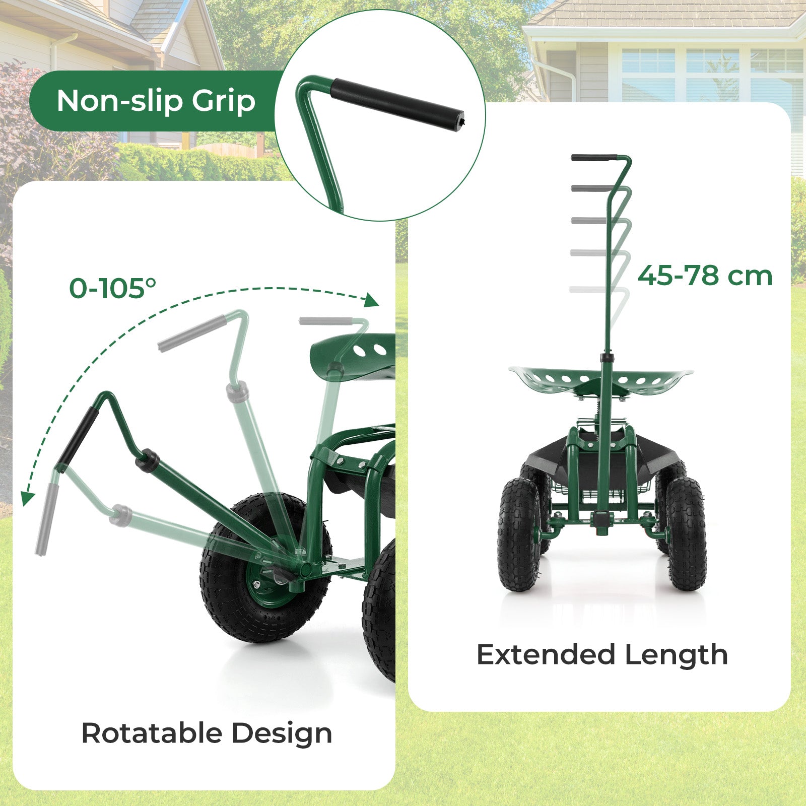 Steerable Garden Cart Rolling Scooter with Extendable Handle and Storage Basket-Green