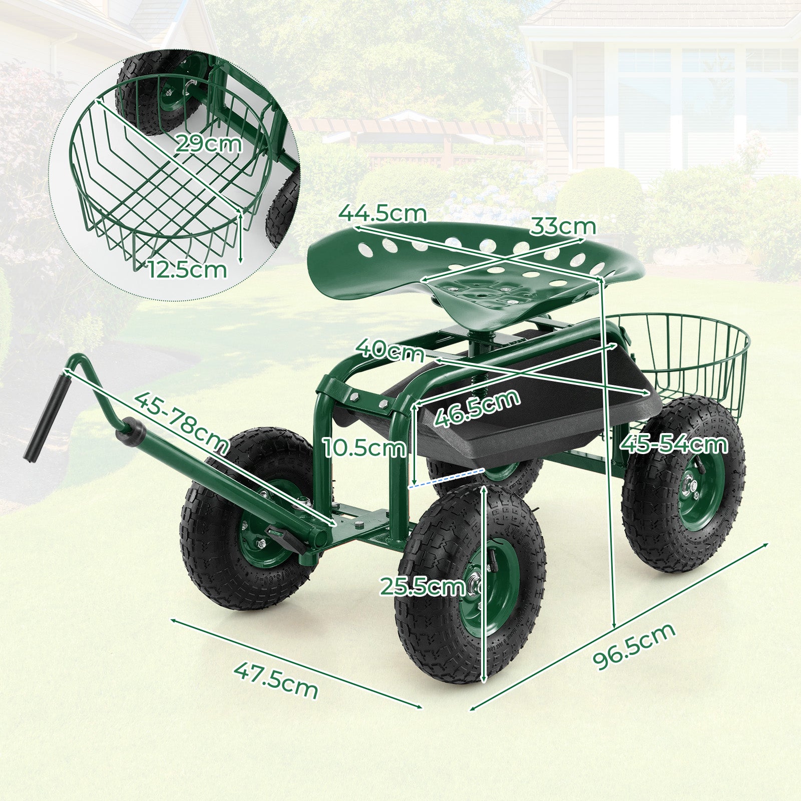 Steerable Garden Cart Rolling Scooter with Extendable Handle and Storage Basket-Green
