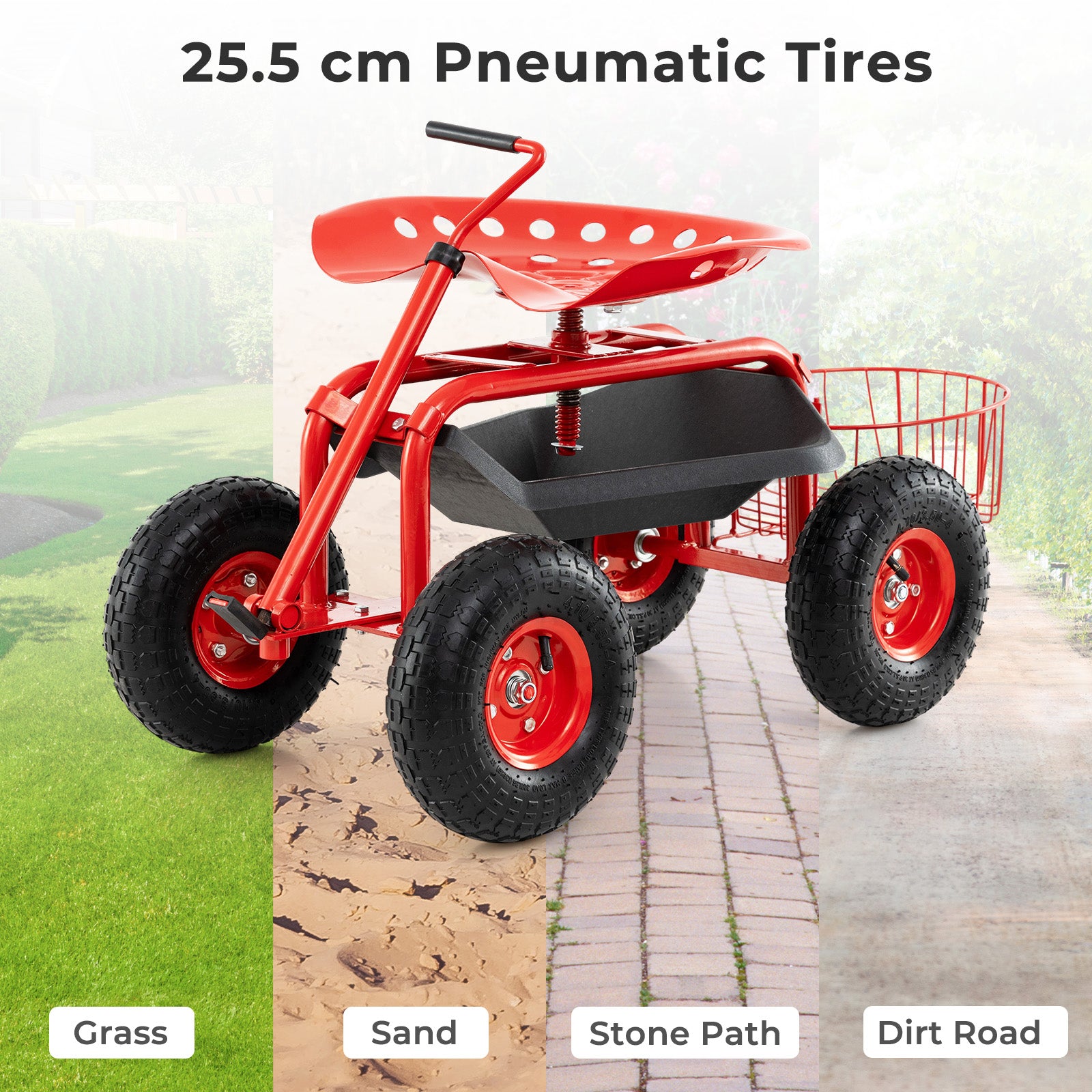 Steerable Garden Cart Rolling Scooter with Extendable Handle and Storage Basket-Red