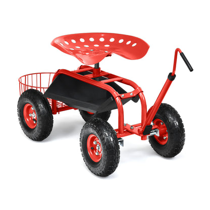 Steerable Garden Cart Rolling Scooter with Extendable Handle and Storage Basket-Red