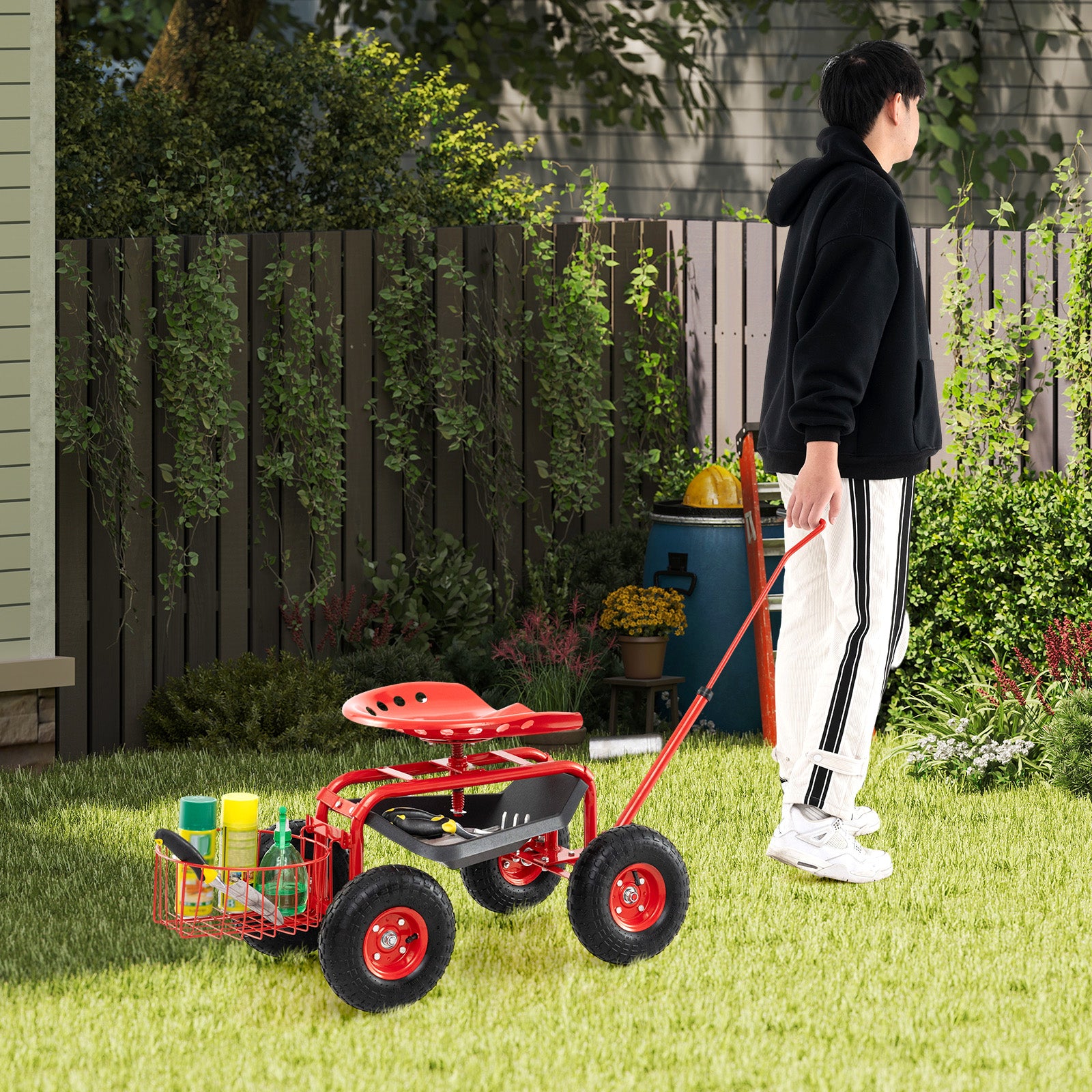 Steerable Garden Cart Rolling Scooter with Extendable Handle and Storage Basket-Red