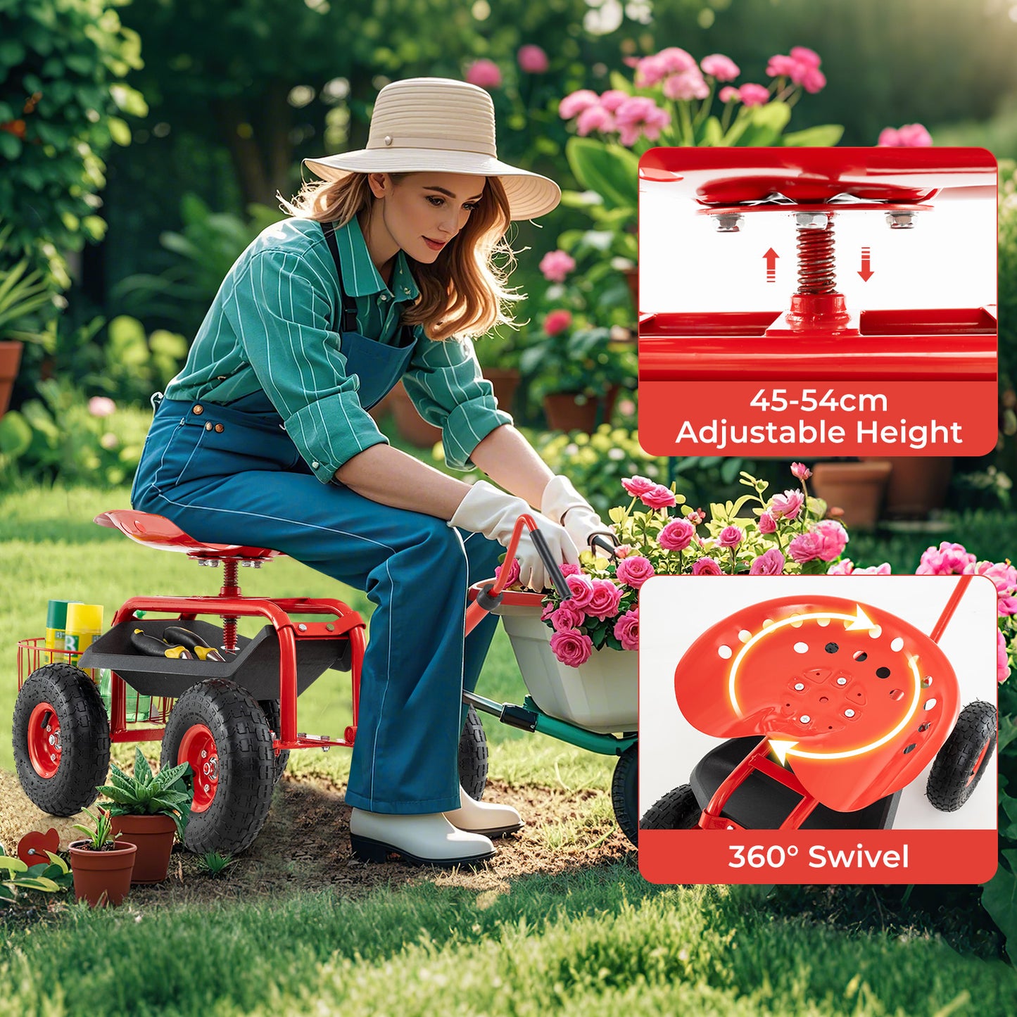 Steerable Garden Cart Rolling Scooter with Extendable Handle and Storage Basket-Red