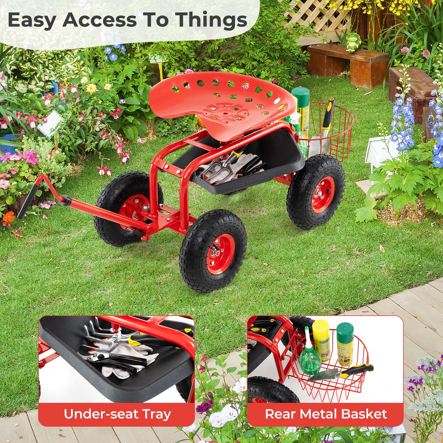 Steerable Garden Cart Rolling Scooter with Extendable Handle and Storage Basket-Red